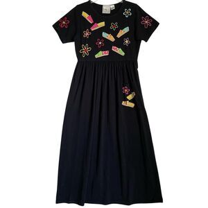 Michael Simon Maxi T-shirt Dress S Black Shoes Embroidered Design Artsy Vacation